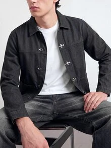 QuarKem Men's American Style Metal Button Design Denim Jacket Black Jacket - Black - View 7