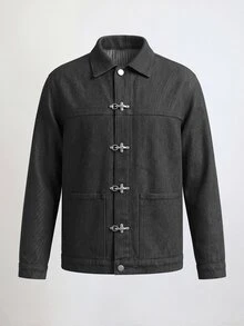 QuarKem Men's American Style Metal Button Design Denim Jacket Black Jacket - Black - View 5