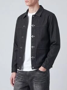 QuarKem Men's American Style Metal Button Design Denim Jacket Black Jacket - Black - View 6