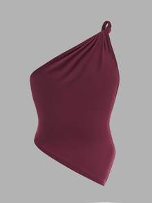 SHEIN Stylish Burgundy Polyester Asymmetrical Hem T-Shirt For Tween Girls,One Shoulder Top,Off - Burgundy - View 2