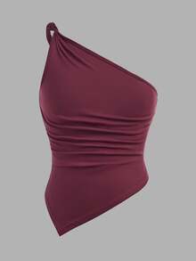 SHEIN Stylish Burgundy Polyester Asymmetrical Hem T-Shirt For Tween Girls,One Shoulder Top,Off - Burgundy - View 1