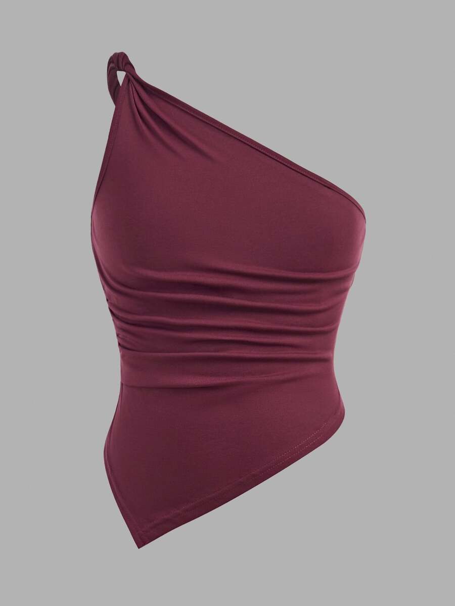 SHEIN Stylish Burgundy Polyester Asymmetrical Hem T-Shirt For Tween Girls,One Shoulder Top,Off - Burgundy - View 1