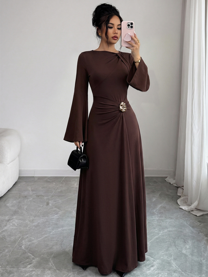 Elenzga Brown Elastic Knit Midi Dress, Twisted Neckline And Waist Metal Ring Pleat Design, French Luxury Slim Fit Party & Vacation Wear