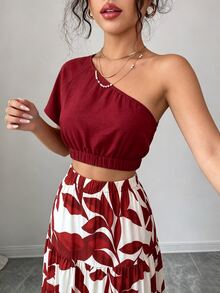 Elenzga Women's Summer White Floral Boho Holiday Vacation Holiday Asymmetric Sloping Shoulder Crop Top, Leaf Printed Three-Layer Cake Skirt, Anchor Red Set - Burgundy - View 3