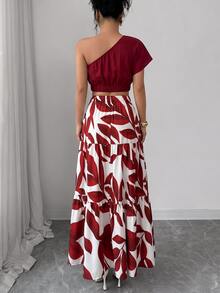 Elenzga Women's Summer White Floral Boho Holiday Vacation Holiday Asymmetric Sloping Shoulder Crop Top, Leaf Printed Three-Layer Cake Skirt, Anchor Red Set - Burgundy - View 2