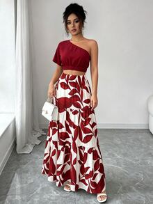 Elenzga Women's Summer White Floral Boho Holiday Vacation Holiday Asymmetric Sloping Shoulder Crop Top, Leaf Printed Three-Layer Cake Skirt, Anchor Red Set - Burgundy - View 6