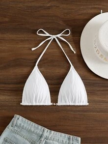 Swim Basics Women's Summer Beach Textured Halter Neck Bikini Top - White - View 5