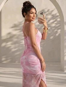 Structelle Women's Luxury Evening Dress, Tie-Dye Print Draped Neckline, Backless Spaghetti Strap Dress, Suitable For Summer - Baby Pink - View 2