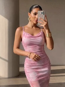 Structelle Women's Luxury Evening Dress, Tie-Dye Print Draped Neckline, Backless Spaghetti Strap Dress, Suitable For Summer - Baby Pink - View 5