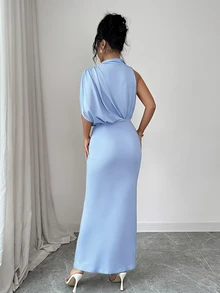 Elenzga 女款優雅酒紅色抓褶領無袖修身喇叭裙，春夏畢業季不對稱短袖洋裝 - 藍色 - 查看 2