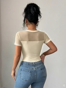 Elenzga 女士优雅黑色网纱拼接圆领短袖修身连体衣，春夏款 - 杏色 - 查看 2