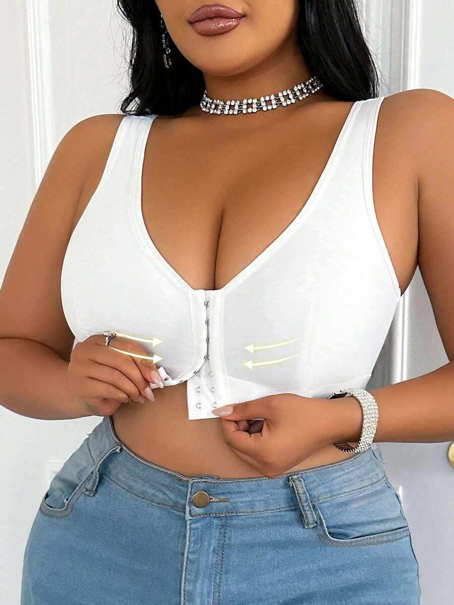 1 pieza Sujetador de cierre frontal de unicolor cómodo y casual para mujer de talla grande - Blanco - Ver 1
