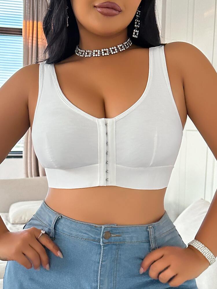 1pc Women Plus Size Solid Color Casual Comfortable Front Closure Bra - White - View 5