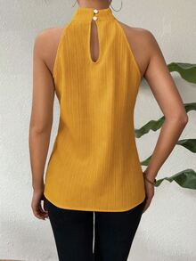SHEIN Unity 优雅纯色纹理无袖休闲波西米亚风/节日风女式衬衫上衣 - 黃色 - 查看 2