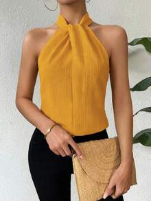 SHEIN Unity 优雅纯色纹理无袖休闲波西米亚风/节日风女式衬衫上衣 - 黃色 - 查看 8