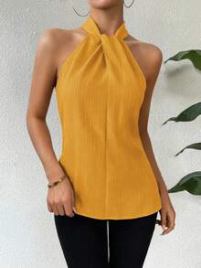SHEIN Unity 优雅纯色纹理无袖休闲波西米亚风/节日风女式衬衫上衣 - 黃色 - 查看 3