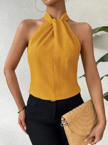 SHEIN Unity 优雅纯色纹理无袖休闲波西米亚风/节日风女式衬衫上衣 - 黃色 - 查看 7
