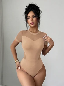 Selianne 女款春夏優雅黑色網紗拼接圓領短袖修身連身衣 - 卡其色 - 查看 3