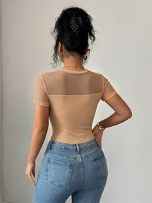 Selianne 女款春夏優雅黑色網紗拼接圓領短袖修身連身衣 - 卡其色 - 查看 2