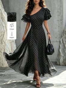 Breezaya Vestido de mujer con cuello asimétrico y estampado de lunares - Multicolor - Ver 5