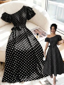 Breezaya Vestido de mujer con cuello asimétrico y estampado de lunares - Multicolor - Ver 1