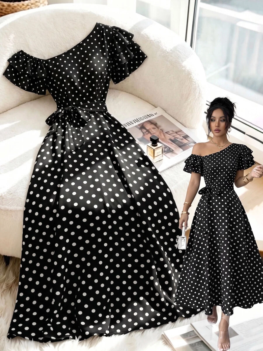 Breezaya Vestido de mujer con cuello asimétrico y estampado de lunares - Multicolor - Ver 1