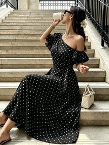 Breezaya Vestido de mujer con cuello asimétrico y estampado de lunares - Multicolor - Ver 6