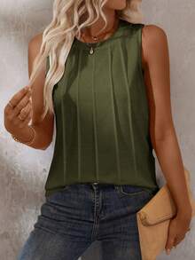 Zayélia Tank Top Kasual Wanita Polos Leher Bulat dengan Desain Tusuk Gigi untuk Musim Panas - Hijau Tentara - View 6