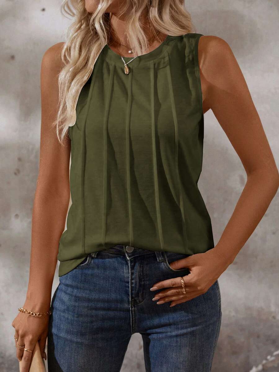 Zayélia Tank Top Kasual Wanita Polos Leher Bulat dengan Desain Tusuk Gigi untuk Musim Panas - Hijau Tentara - View 1