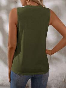 Zayélia Tank Top Kasual Wanita Polos Leher Bulat dengan Desain Tusuk Gigi untuk Musim Panas - Hijau Tentara - View 2