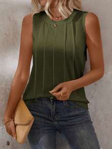 Zayélia Tank Top Kasual Wanita Polos Leher Bulat dengan Desain Tusuk Gigi untuk Musim Panas - Hijau Tentara - View 5