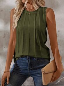 Zayélia Tank Top Kasual Wanita Polos Leher Bulat dengan Desain Tusuk Gigi untuk Musim Panas - Hijau Tentara - View 4