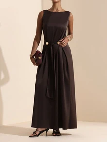 SHEIN Veneréa 女款純色圓領腰部打結設計優雅無袖洋裝 - 巧克力棕 - 查看 4