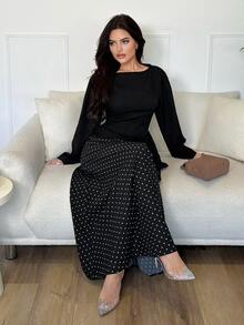 Veilorie Women's Solid Color Long Sleeve Top And Polka Dot Skirt Casual 2 Pieces Set - Black - View 7