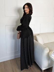 Veilorie Women's Solid Color Long Sleeve Top And Polka Dot Skirt Casual 2 Pieces Set - Black - View 5