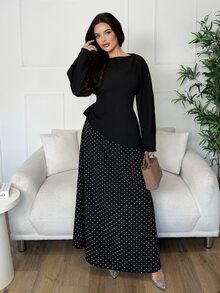 Veilorie Women's Solid Color Long Sleeve Top And Polka Dot Skirt Casual 2 Pieces Set - Black - View 4