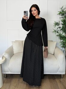 Veilorie Women's Solid Color Long Sleeve Top And Polka Dot Skirt Casual 2 Pieces Set - Black - View 1