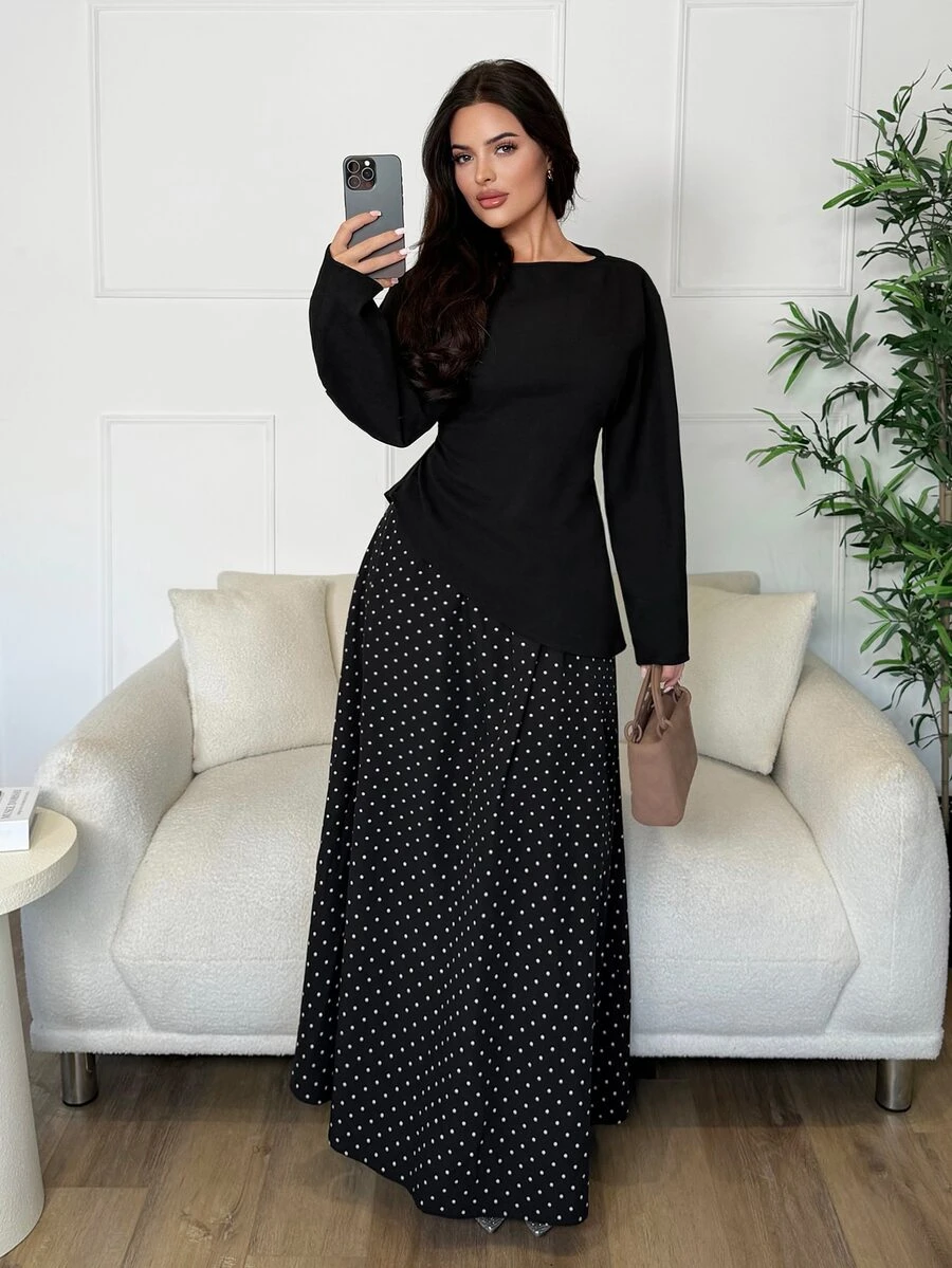 Veilorie Women's Solid Color Long Sleeve Top And Polka Dot Skirt Casual 2 Pieces Set - Black - View 1