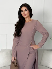 Veilorie Women's Solid Color Long Sleeve Top And Pants Casual Daily Arabic Clothing Set - Pink - View 3