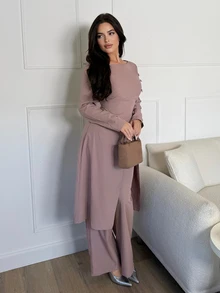 Veilorie Women's Solid Color Long Sleeve Top And Pants Casual Daily Arabic Clothing Set - Pink - View 6
