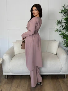 Veilorie Women's Solid Color Long Sleeve Top And Pants Casual Daily Arabic Clothing Set - Pink - View 2