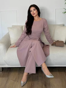 Veilorie Women's Solid Color Long Sleeve Top And Pants Casual Daily Arabic Clothing Set - Pink - View 1