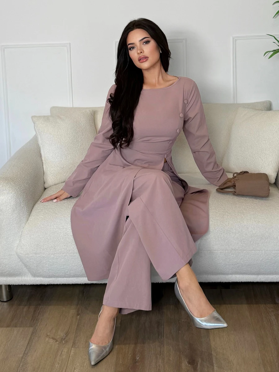 Veilorie Women's Solid Color Long Sleeve Top And Pants Casual Daily Arabic Clothing Set - Pink - View 1