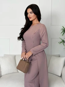 Veilorie Women's Solid Color Long Sleeve Top And Pants Casual Daily Arabic Clothing Set - Pink - View 4