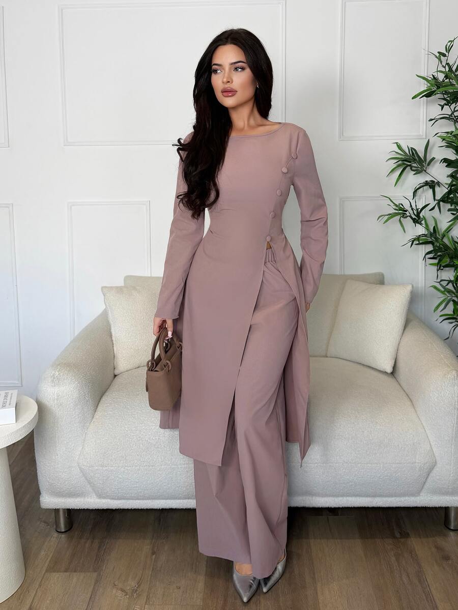 Veilorie Women's Solid Color Long Sleeve Top And Pants Casual Modest Elegant Daily Arabic Clothing Set Office Morning Pink - Pink - View 1