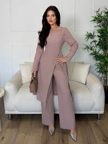 Veilorie Women's Solid Color Long Sleeve Top And Pants Casual Daily Arabic Clothing Set - Pink - View 5