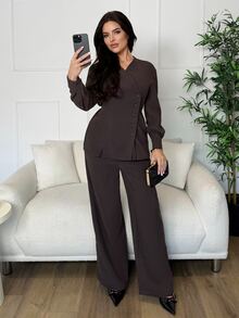 Veilorie Women's Button-Up Long Sleeve Shirt And Pants 2 Pieces Set, Business Office - Brown - View 5