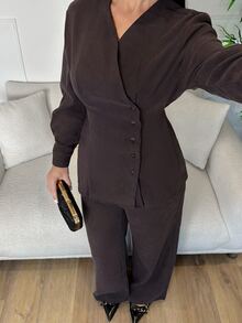 Veilorie Women's Button-Up Long Sleeve Shirt And Pants 2 Pieces Set, Business Office - Brown - View 4