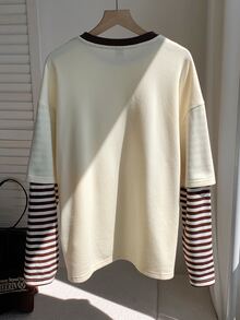 Comfortcana Comfortable Cotton Blend Women's Layered Striped Long Sleeved Fake 2 Pieces T-Shirt, Suitable For Dai - Apricot - View 3