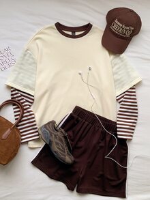 Comfortcana Comfortable Cotton Blend Women's Layered Striped Long Sleeved Fake 2 Pieces T-Shirt, Suitable For Dai - Apricot - View 8